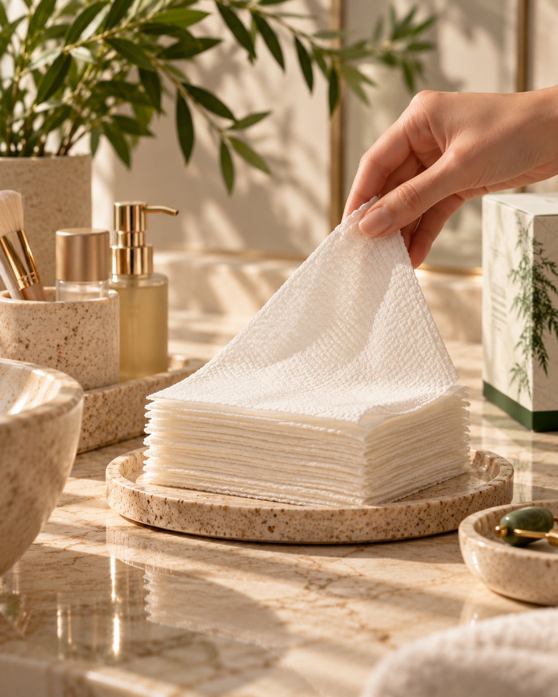 A hand lifting a new, single-use bamboo facial towel from a stack