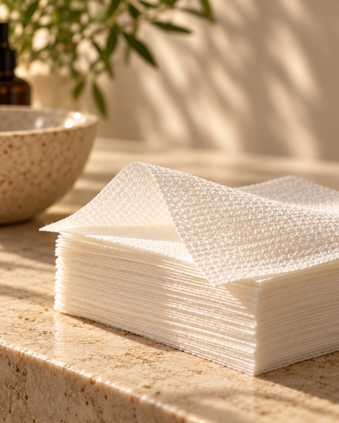 Textured single-use bamboo facial towels, stacked on a natural stone countertop