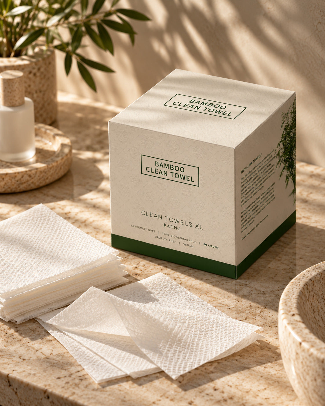 Bamboo Clean Towels box with individual textured facial towel sheets on a stone counter