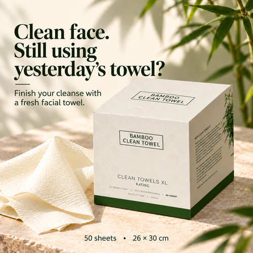Mooore Please bamboo facial towels product box, 50 sheets, 26 × 30 cm