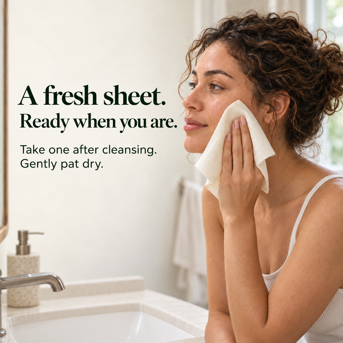 Person patting face dry with a fresh bamboo towel