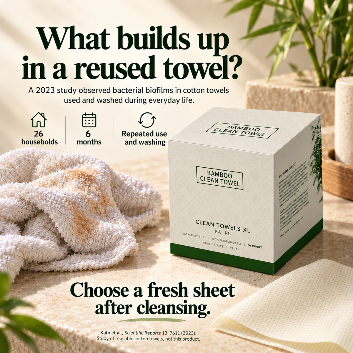 Educational image about bacteria biofilms in reused towels, referencing a 2023 observational study