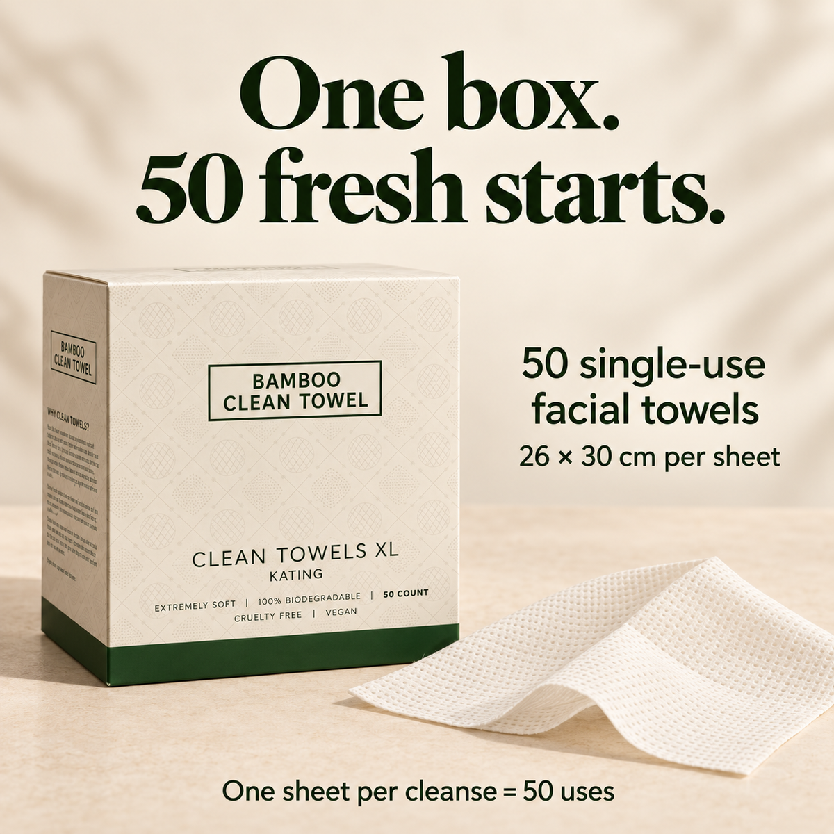 One box of Mooore Please bamboo facial towels containing 50 single-use 26 by 30 cm sheets