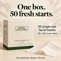 One box of Mooore Please bamboo facial towels containing 50 single-use 26 by 30 cm sheets
