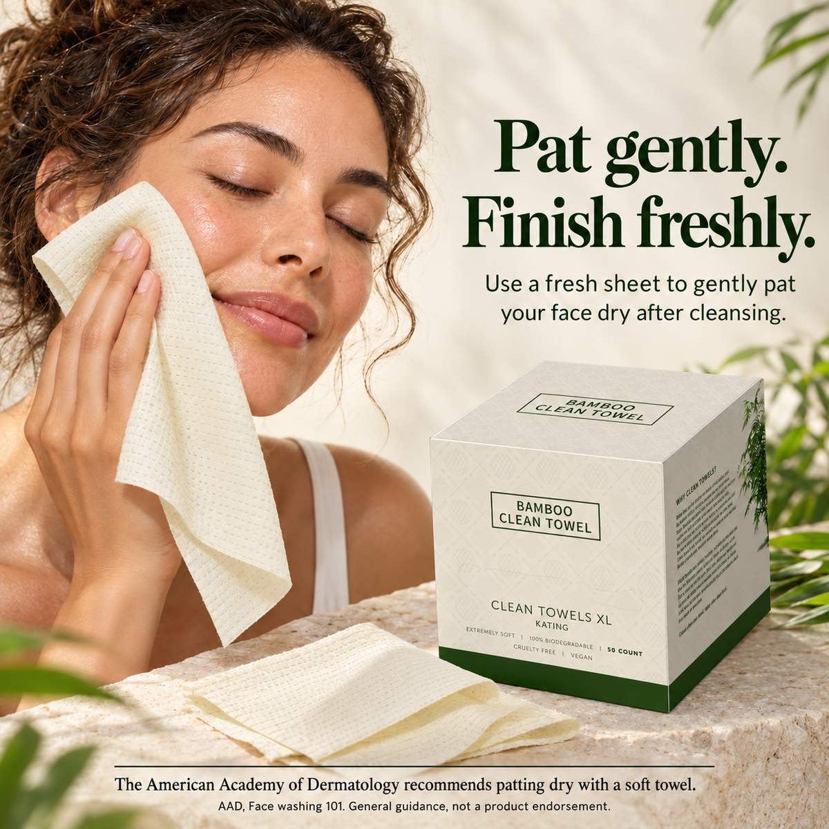 Person gently patting skin dry with a fresh bamboo facial towel after cleansing