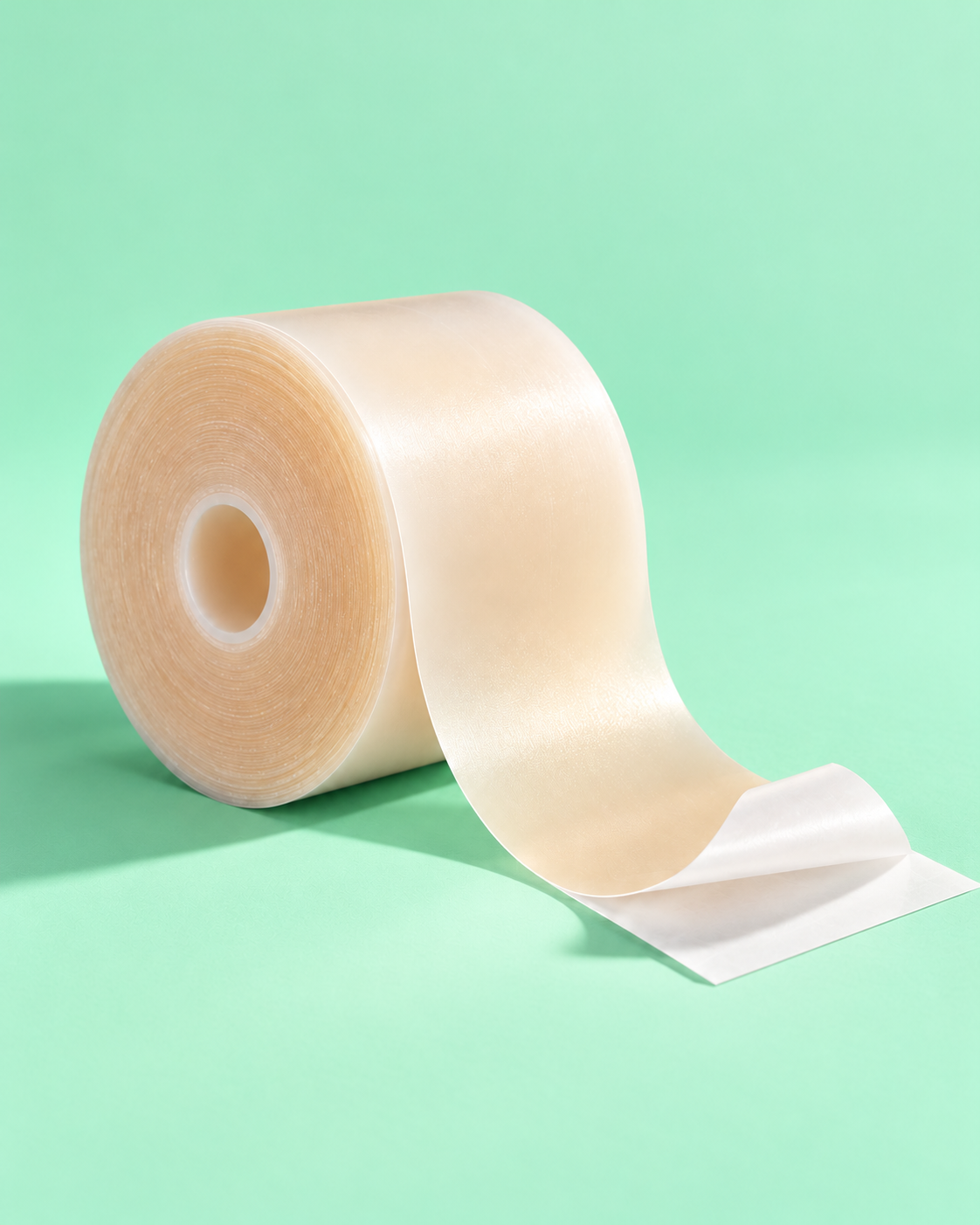 Continuous hydrocolloid dressing roll with pale ivory translucent sheet on a mint surface