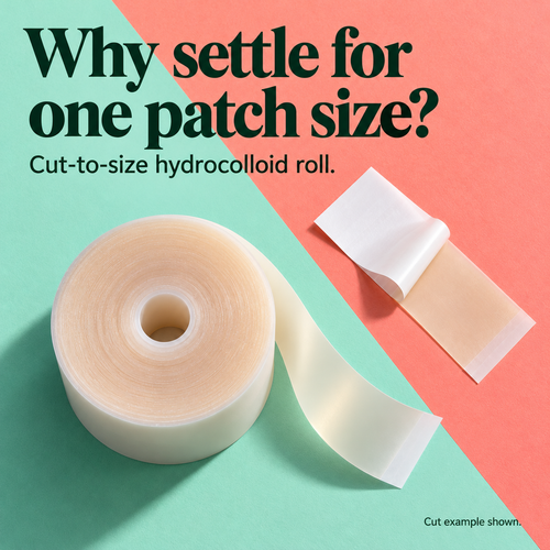 Continuous Mooore Please hydrocolloid roll with unspooled sheet on mint and coral background
